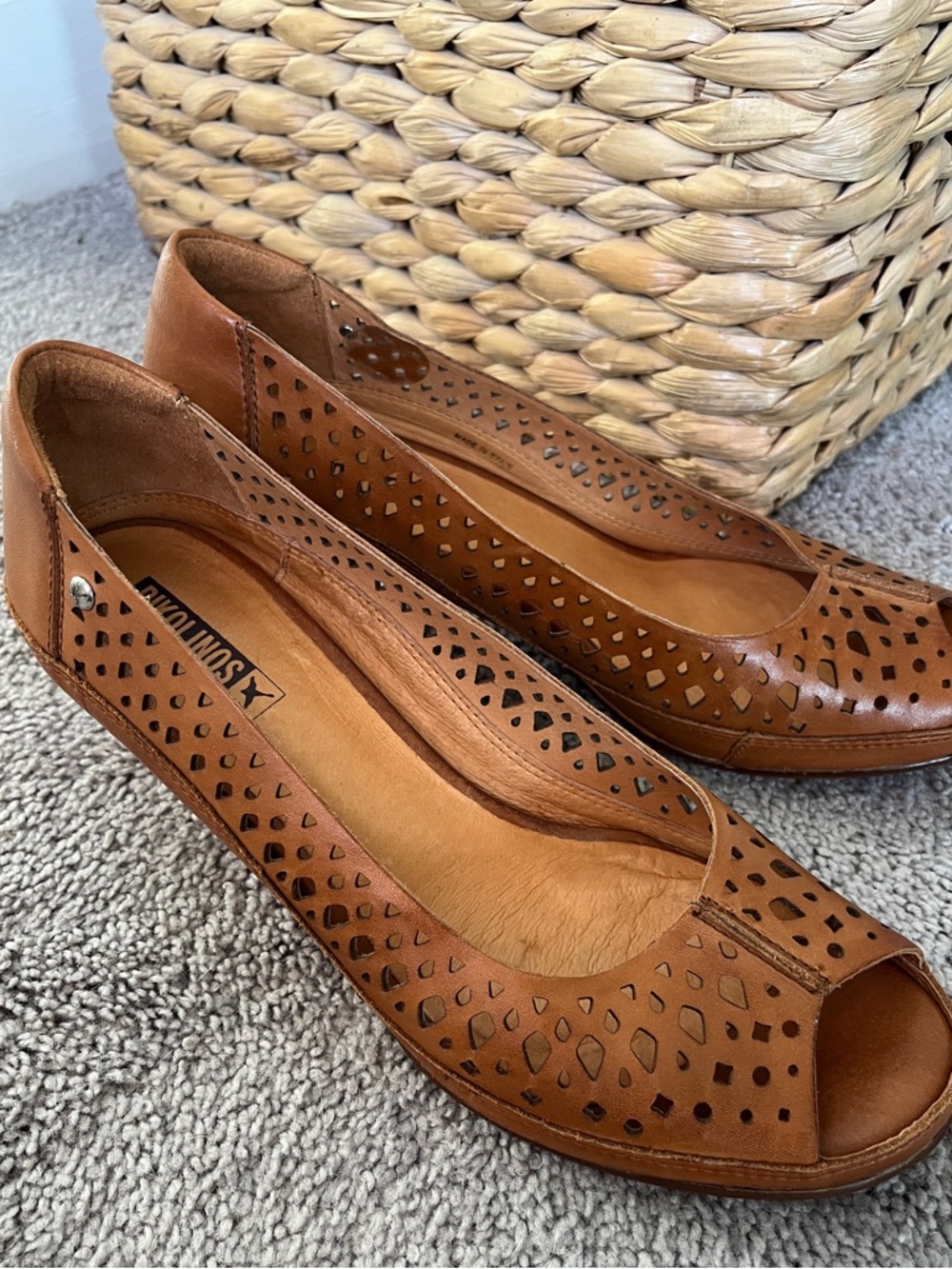 Pikolinos Women's Tan Leather Peep-Toe Flats, 39